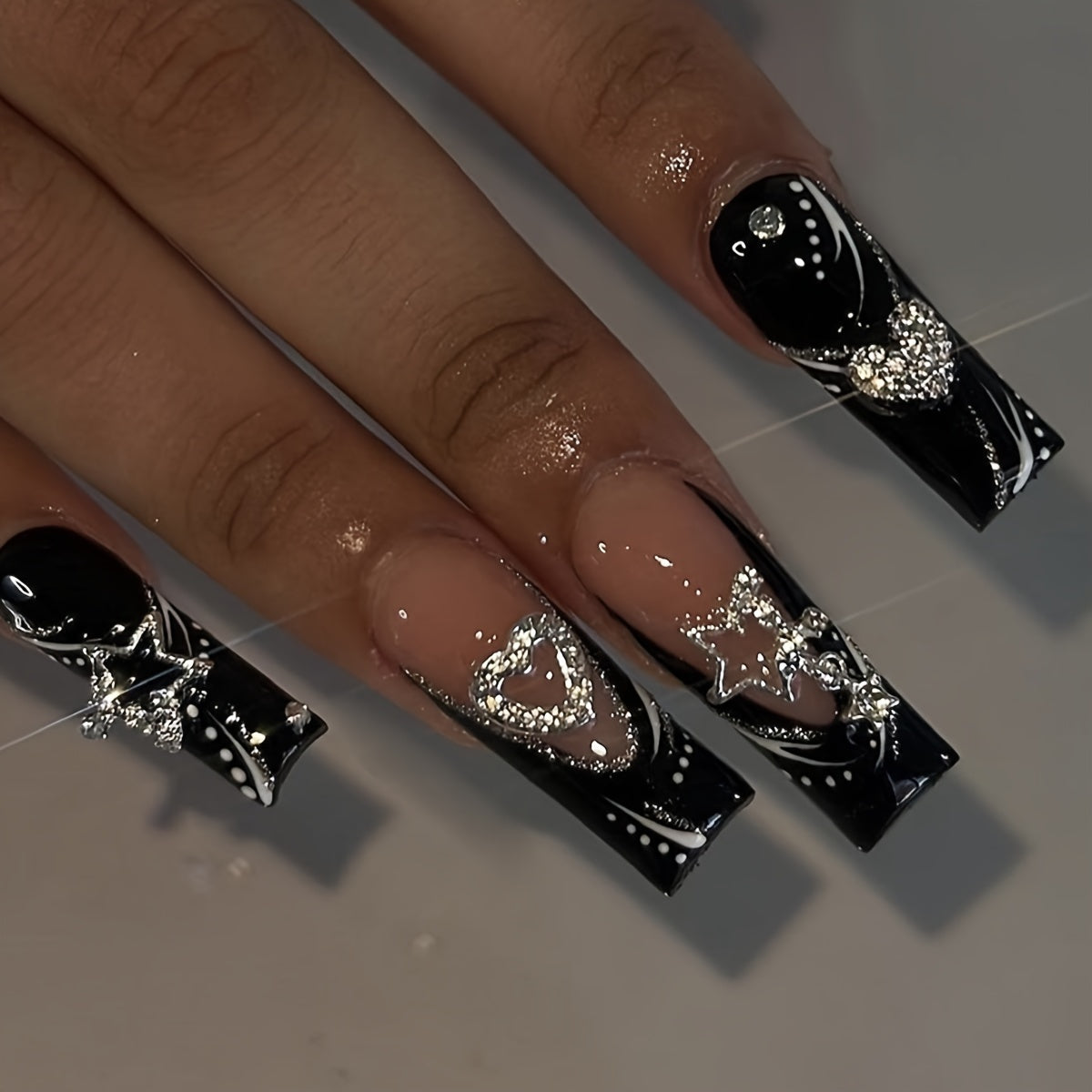 24pcs Set of Medium-Length Square Press-On Nails, Glossy Black French Tips with Sparkling Star and Heart Alloy Accents, Removable Acrylic Fake Nails Kit with Jelly Glue & Nail File - Perfect for DIY Manicure